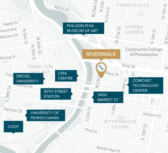 map of Philadelphia in the area surrounding Riverwalk