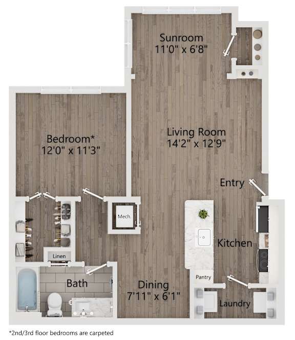 A floor plan of a home with a living room, two bedrooms, a bathroom, a kitchen, a dining area, and a laundry room.
