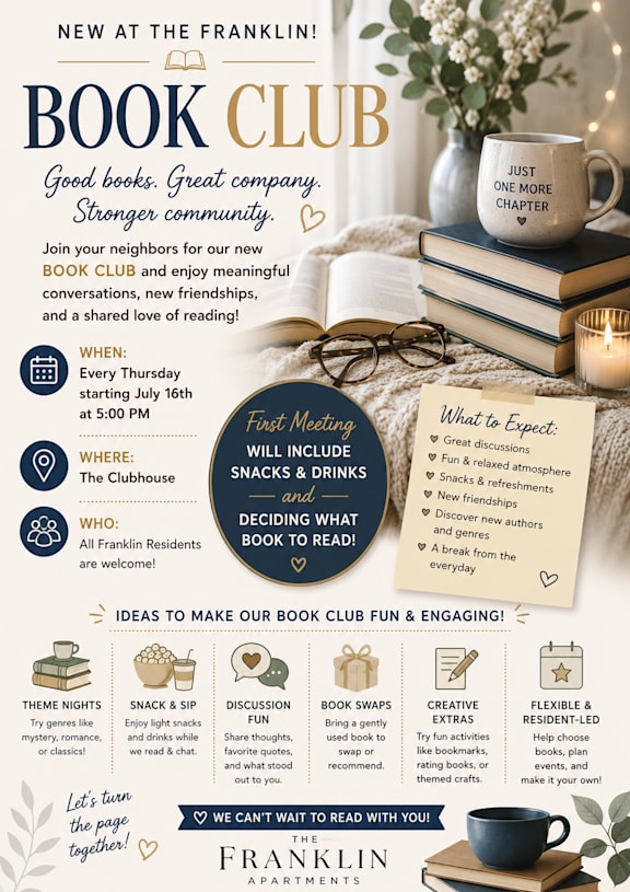 A flyer for a book club meeting at The Franklin, featuring a cozy reading scene with a mug, books, and a candle.