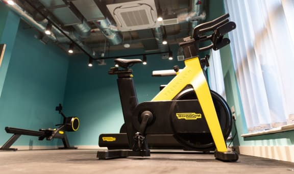 a row of exercise bikes in a gym