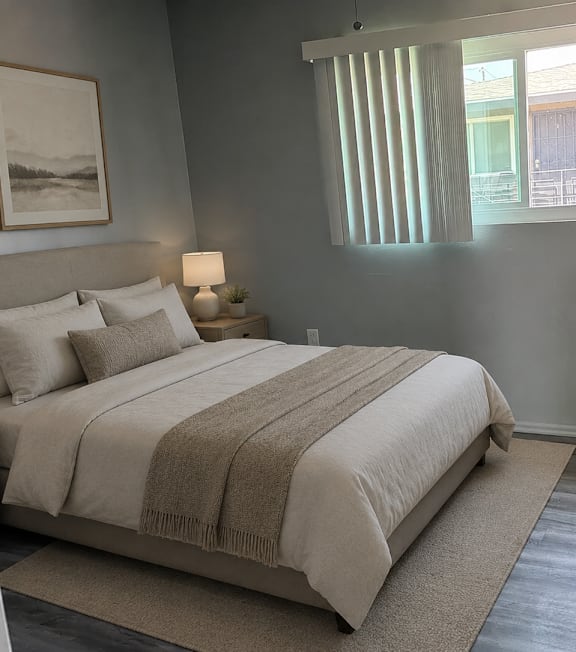 A bedroom with a bed, lamp, and a painting on the wall.