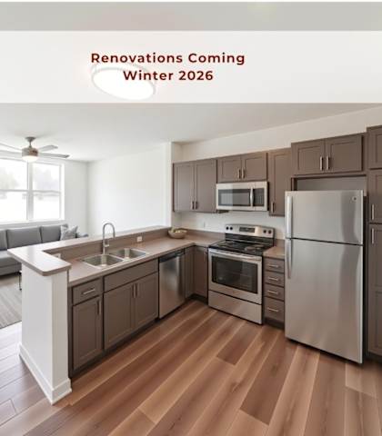 A kitchen with a white countertop and brown cabinets is set to undergo renovations in winter 2026.