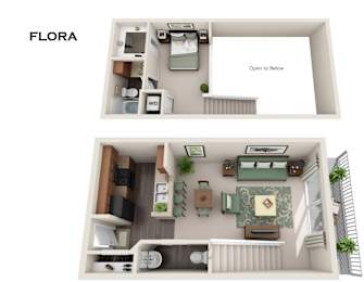 A floor plan of a one-bedroom apartment with a kitchen and living room.