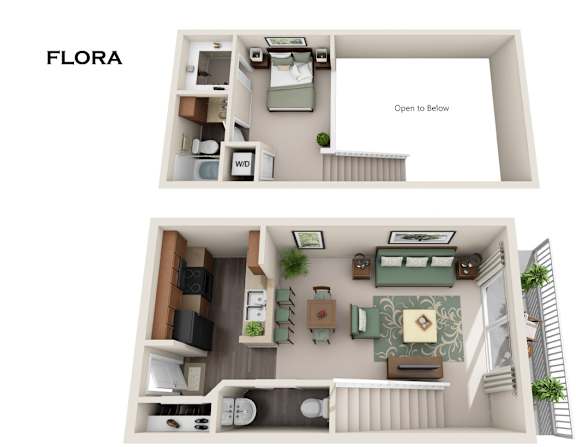 A floor plan of a one-bedroom apartment with a kitchen and living room.