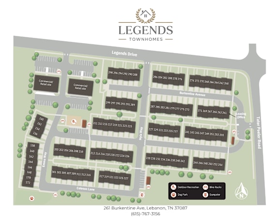 A map of Legends Townhomes with street names and unit numbers.