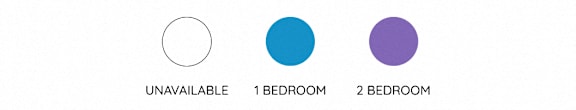 A graphic showing the availability of rooms, with one circle left blank, one blue, and one purple.