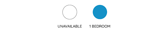 A white circle with the text "UNAVAILABLE" underneath and a blue circle with the text "1 BEDROOM" underneath.