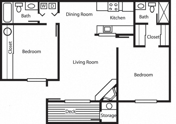 Oak - 2 Bedroom 2 Bath Floor Plan Layout - 918 Square Feet