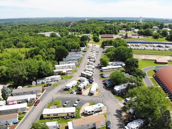 an aerial view of trailers parked in a parking lot
