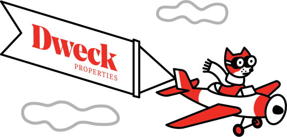 an illustration of a red cat on a plane next to a properties sign