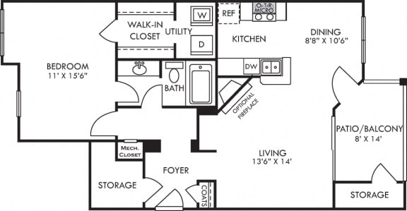 Ariel. 1 bedroom apartment. Kitchen with bartop open to living/dinning rooms. 1 full bathroom. Walk-in closet. Storage room. Patio/balcony. Optional fireplace.