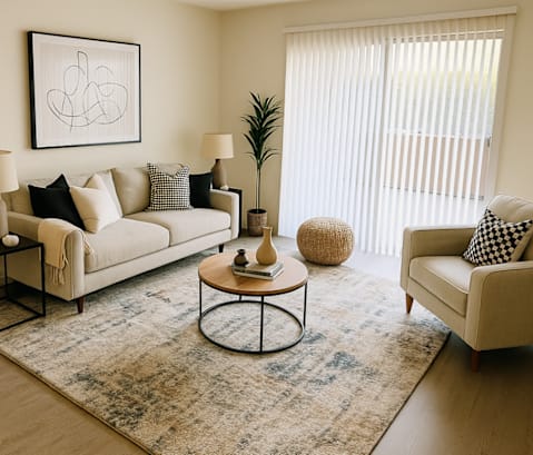 A living room with a beige sofa, a black and white checkered pillow, a round coffee table, a floor lamp, and a framed abstract art piece on the wall.