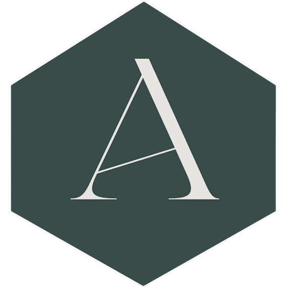 A white letter A is in the center of a dark gray hexagon.