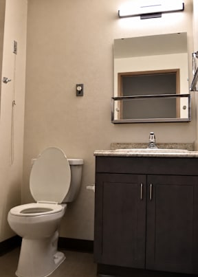 A white toilet sits next to a sink in a small bathroom.