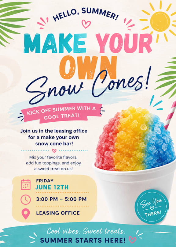 A colorful advertisement for a make your own snow cone event.