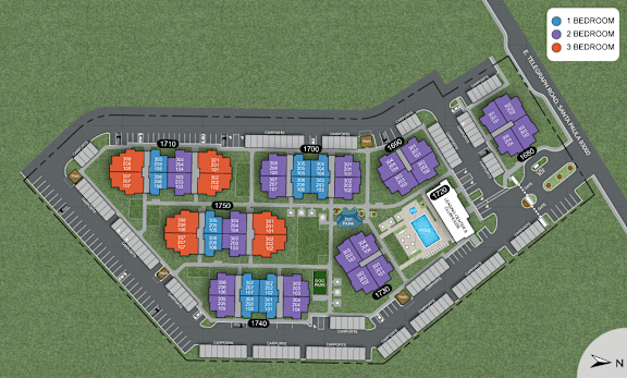 A map of a housing complex with different colored units indicating the number of bedrooms.
