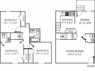The Huntington Huntington 3 bedroom townhome apartment. 1st floor kitchen, dining, living, and half bath. 2nd floor bedrooms and 1 full, 1 half bath. Large closets. In-unit laundry