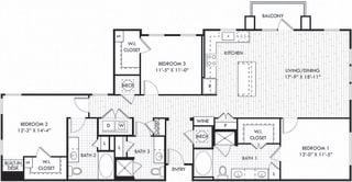 The Garrison Garrison. 3 bedroom apartment. Kitchen with island open to living/dinning room. 3 full bathrooms, double vanity in master. Walk-in closets. patio/balcony.