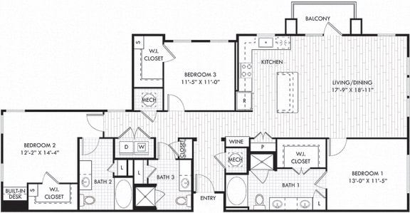Garrison. 3 bedroom apartment. Kitchen with island open to living/dinning room. 3 full bathrooms, double vanity in master. Walk-in closets. patio/balcony.