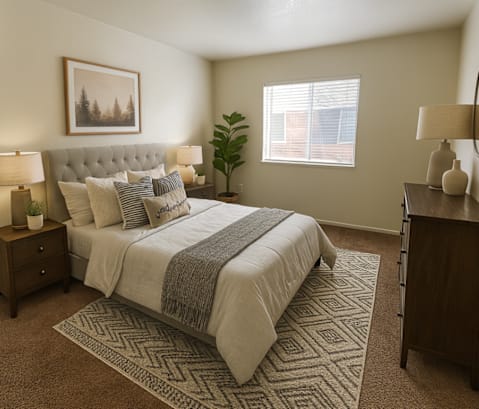 A bedroom with a large bed, a nightstand with a lamp, a dresser, and a rug.