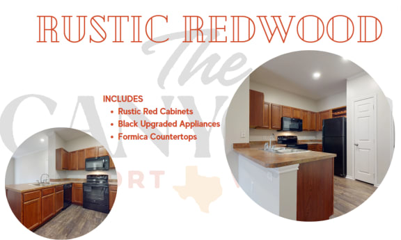 a full view of a kitchen with wood cabinets