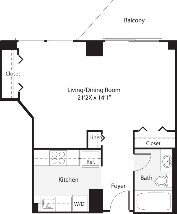 Studio 483 SF S3 Floor Plan at Park at Pentagon Row, Arlington, 22202