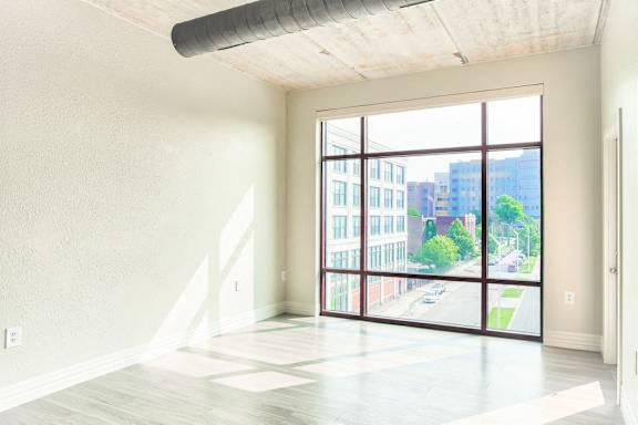 Floor to ceiling windows at Studio One Apartments, Detroit, MI