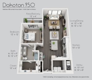 Dakotan 1 bed, 1 bath - 950 SF