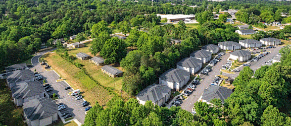 an aerial view of a row of houses surrounded by trees