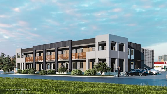 a rendering of a three story office building with cars parked outside