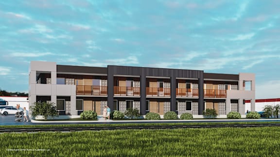 a rendering of a three story apartment building on the side of a road