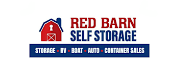 A logo for Red Barn Self Storage featuring a barn and the words "Storage, RV, Boat, Auto, Container Sales.".
