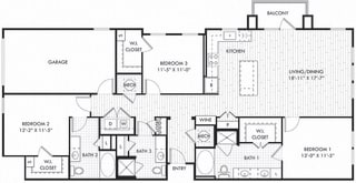 Garrison with Garage Garrison + garage. 3 bedroom apartment. Kitchen with island open to living/dinning room. 3 full bathrooms, double vanity in master. Walk-in closets. patio/balcony.