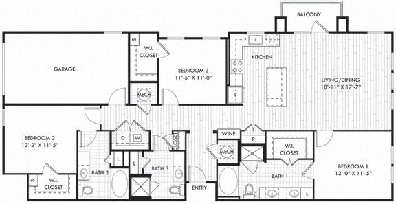 Garrison + garage. 3 bedroom apartment. Kitchen with island open to living/dinning room. 3 full bathrooms, double vanity in master. Walk-in closets. patio/balcony.