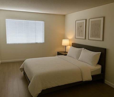 A bedroom with a large bed and two framed pictures on the wall.