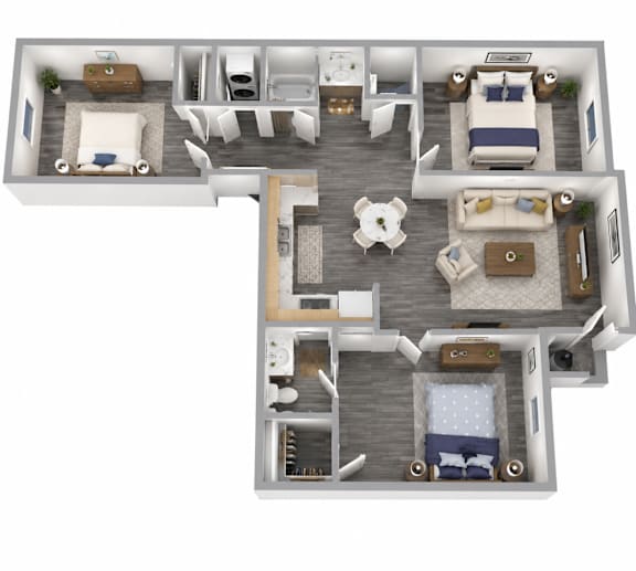 A 3D floor plan of a house with two bedrooms, two bathrooms, a living room, a kitchen, and a dining area.