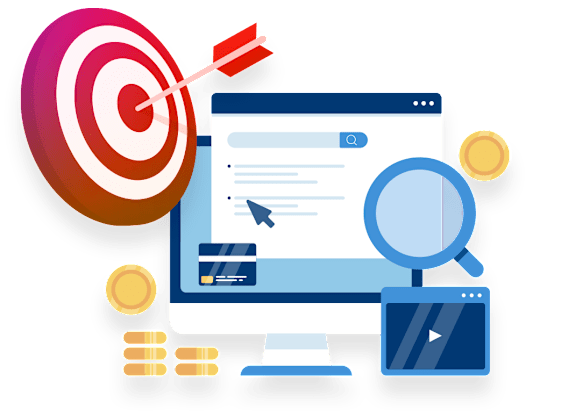 A graphic illustration of a computer screen with a target and a magnifying glass.
