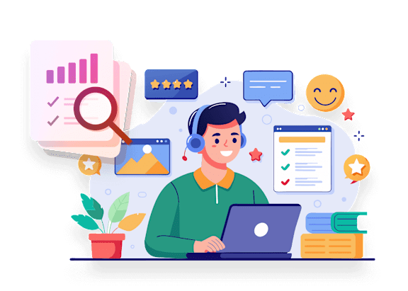 A person is working on a laptop with various icons and symbols around them indicating a review or feedback process.