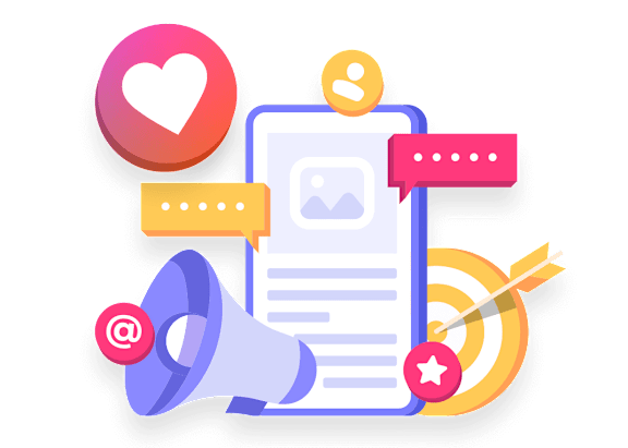 A graphic illustration of a megaphone, a heart, a user icon, a speech bubble, a target, and a document with a photo.
