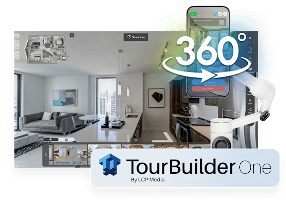 A screenshot of a virtual tour of a kitchen and living room.