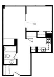 Junior one bedroom, one bathroom apartment layout at Main Square in Toronto, ON