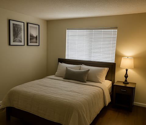 A bedroom with a bed, nightstand, and two pictures on the wall.