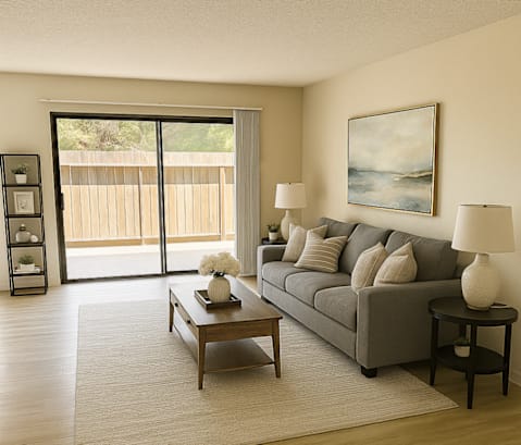 A living room with a grey couch, a coffee table, and a painting on the wall.