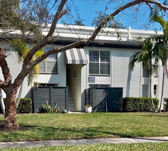 A tree is in front of a building with a white awning.