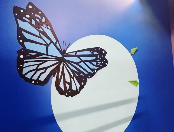 a blue butterfly and a moon on a blue wall at Citizen Birmingham