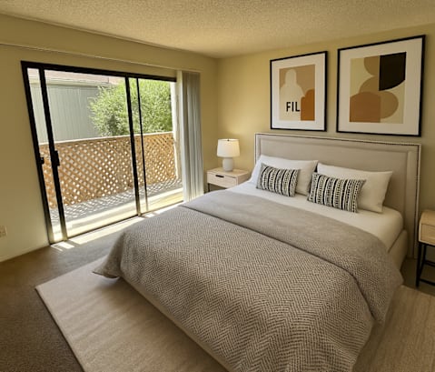 A bedroom with a large bed and two framed pictures on the wall.