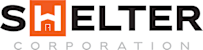 A black and white logo with the word shelter and a red square with a white house and the words corporation below it.