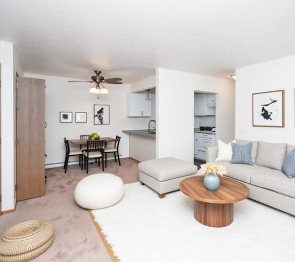 A living room with a white couch, a wooden coffee table, and a rug.