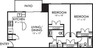 Surry 2 Bedroom apartment. Kitchen with island and pantry. open to living-dining. 2 hall closets. hall half bath. 1 shared full bath. Large closets. Patio. in-unit laundry