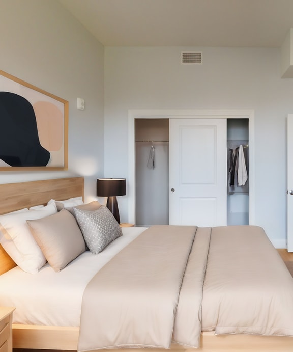 a bedroom with a bed and a dresser and a closet